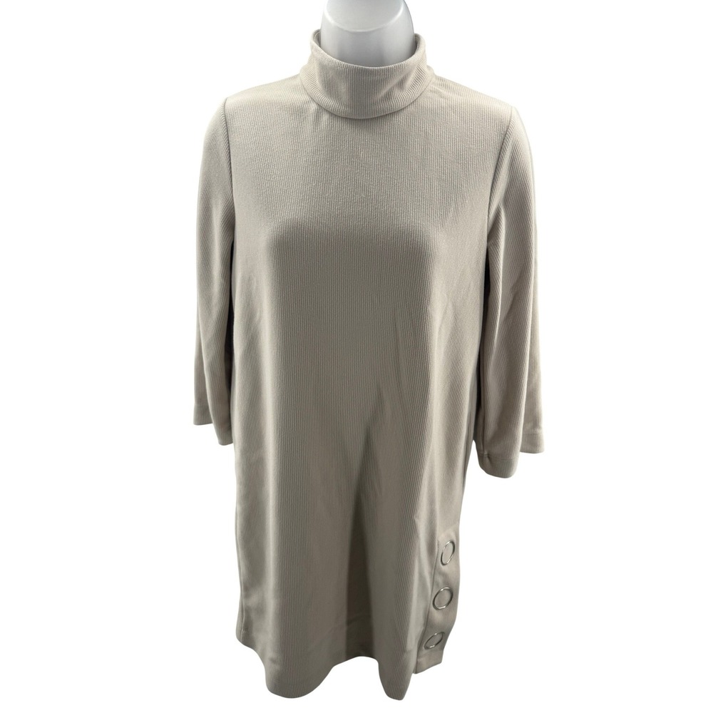 Club Monaco Oatmeal Beige Ribbed Turtleneck Grommet Shift Mini‎ Dress Small NWT